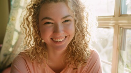 Sticker - A joyful young woman with curly hair, radiates happiness in her bright, warmly-lit room, captured as she smiles widely next to a window.