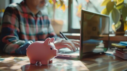 A person uses a laptop at a sunlit desk, with a pink piggy bank in the foreground, symbolizing online banking and financial planning.