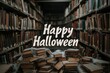 © Nico - Spooky Library Collage: Images of an old library with dusty books and cobwebs. The text 'Happy Halloween' in an antique, book-themed font at the center.
