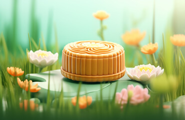 Wall Mural - Cartoon 3D delicious mooncake on flower and grass background illustration
