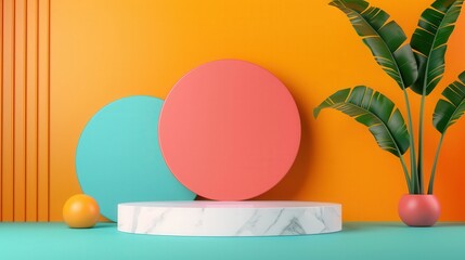 Canvas Print - floating podium with dynamic 3d elements, vibrant flat design illustration showcasing modern aesthet