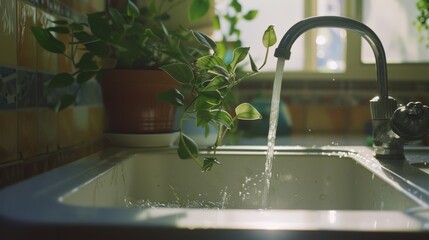 Canvas Print - Sunlight filters into a kitchen, enhancing the view of a sink with running water and surrounding greenery, creating a refreshing ambiance.