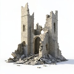 Wall Mural - 3D Render of a ruined castle with broken walls and collapsed towers, on isolated white background