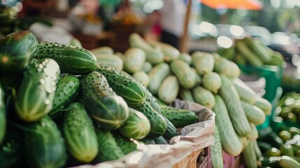 Sticker - A bustling street market stall showcasing a vibrant display of fresh cucumbers, with a warm, sunny atmosphere that highlights the lively local commerce.