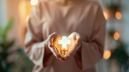 A close-up of hands gently holding a glowing cross, symbolizing care, spirituality, and the light of hope, surrounded by a soft-focus background.