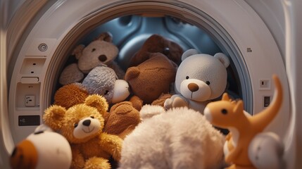 Wall Mural - the door of a dryer open, soft, fluffy stuffed animals, adorable teddy bear