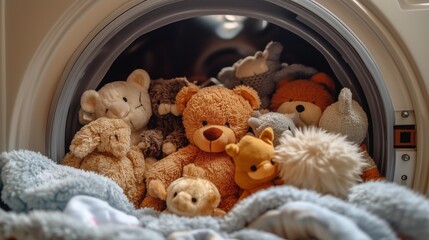 Wall Mural - the door of a dryer open, soft, fluffy stuffed animals, adorable teddy bear