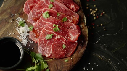 Sliced raw beef presented on a wooden board, garnished with fresh herbs, salt, and pepper, ready for culinary preparation.