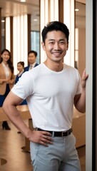 A smiling man in casual attire posing in an office environment with colleagues in the background