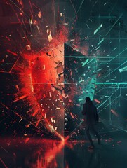 Poster - A hacker disrupts a digital shield, causing fragments to scatter, symbolizing a cyberattack on security systems. Generative AI