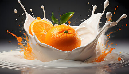 Wall Mural - Orange in milk and yogurt splashing