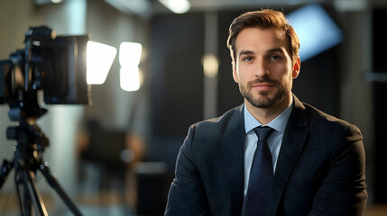 Wall Mural - Confident businessman engaging in an interview on a professional set.