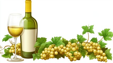 Elegant white wine with fresh grapes green leaves