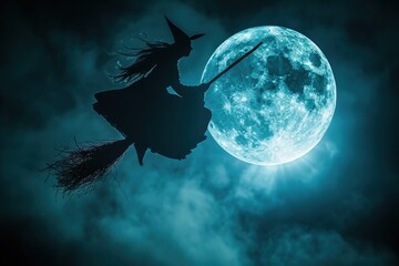 A witch flying on a broomstick above a full moon