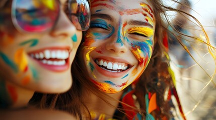 Close-up of festival-goers applying face paint, vibrant colors and intricate designs, detailed expressions of excitement, bright and sunny setting, joyful and creative atmosphere, sharp and vivid