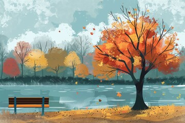 Wall Mural - Artistic fall foliage park scene with colorful autumn tree in an illustrated setting