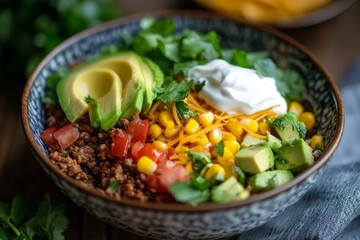 Mexican-style taco bowl with seasoned beef avocado corn fresh tomatoes cilantro and sour cream