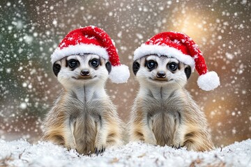 Two baby animals wearing Santa hats and sitting in the snow