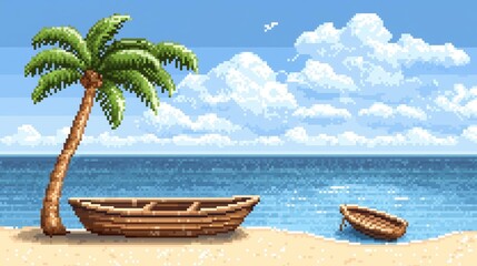 A pixel art island with a sandy beach, swaying palm trees, and a small wooden boat tied to the shore