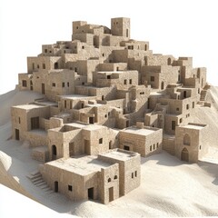 Wall Mural - 3D Render of an ancient desert city with weathered stone buildings, on isolated white background