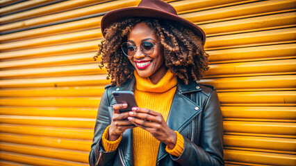 Wall Mural - Fashionable African American Woman with Mobile Phone
