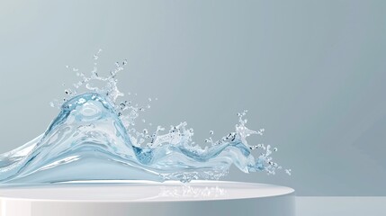 Wall Mural - 5. White podium with dynamic splash of blue water, transparent liquid waves, high-speed photography capturing fluid motion, minimalist product display with light blue background, hyper-realistic 3D