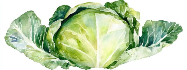 Wall Mural - Fresh green cabbage head isolated watercolor illustration on white background