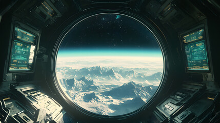 futuristic spacecraft interior circular window planet Earth landscape view outer space universe sun star alien adventure exploration science travel mountains ocean atmosphere galaxy technology fiction