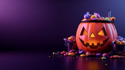 Halloween-themed image with a glowing Jack-o'-lantern filled with colorful candy against a dark background, perfect for spooky holiday decorations.