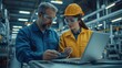 © D3ll.Maccaroni - Caucasian Male Engineer and a Female Technician Having a Conversation and Using Laptop Computer. Specialists Monitoring, Analyzing Conditions at a Modern Electronics Factory with Heavy Machinery