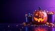 © Tackey - Lit jack-o'-lantern with candy buckets on purple background, celebrating Halloween with festive treats.