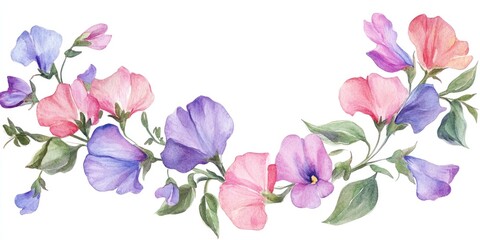 Hand drawn watercolor wreath featuring sweet pea flowers Isolated clip art Floral elements