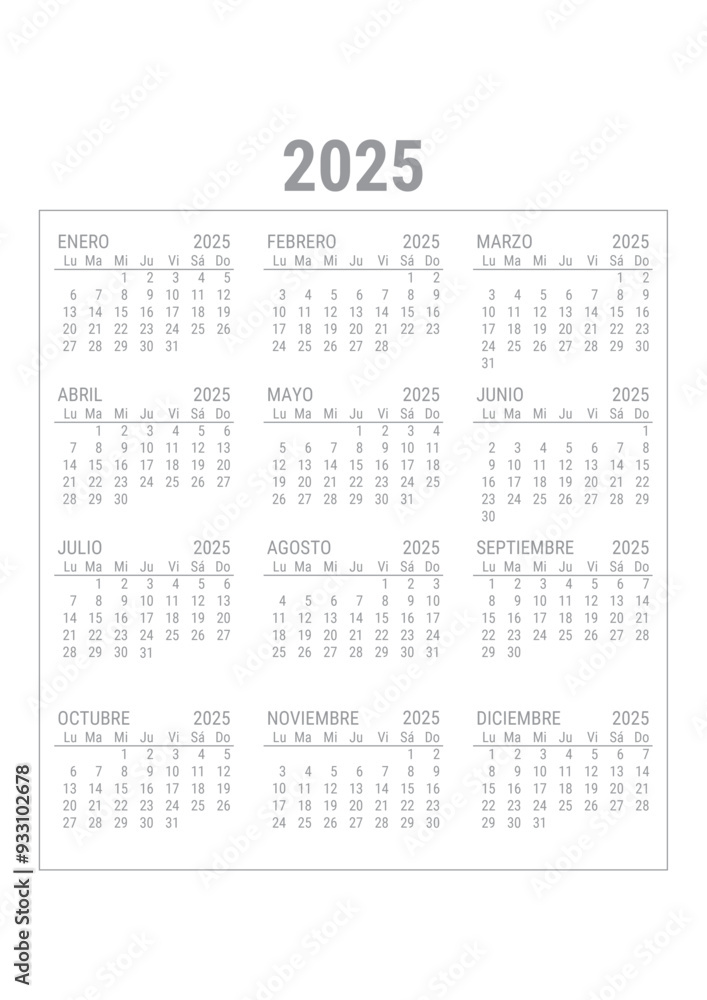 Calendario 2025 en Español A4 para imprimir Stock Vector | Adobe Stock
