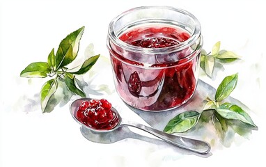 Wall Mural - A jar of red jam is sitting on a table with a spoon next to it