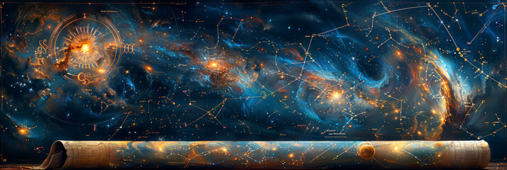 Wall Mural - detailed star chart with deep blue cosmic backdrop, featuring luminous constellations and a mystical