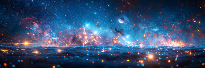 Canvas Print - starry landscape with vibrant blue and orange hues, evoking a surreal celestial horizon.