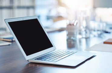 Aufkleber - Laptop, blank screen and desk in office for mockup, space or ui for connectivity for contact at company. Computer, display and user experience for networking, email or notification at creative agency