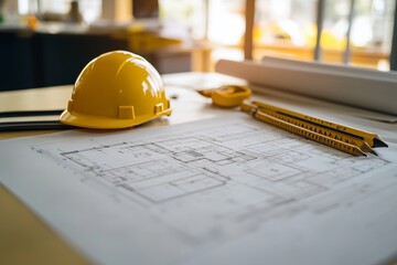 Architectural project blueprint with yellow helmet and pencil on table for design planning