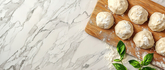 Poster - Raw dumplings and dough on wooden board on light wooden background, copy space for text