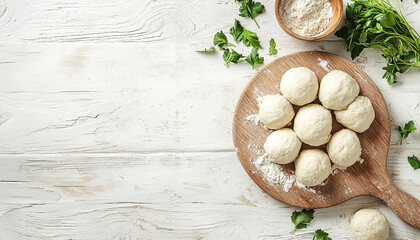 Poster - Raw dumplings and dough on wooden board on light wooden background, copy space for text