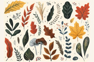 Wall Mural - Hand drawn autumn collection featuring seasonal plants and leaves in a charming illustration