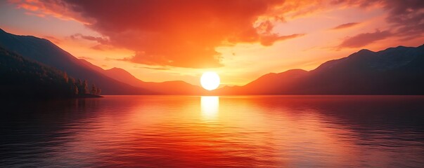 Canvas Print - Stunning Sunset Over Mountains and Lake - Realistic Image