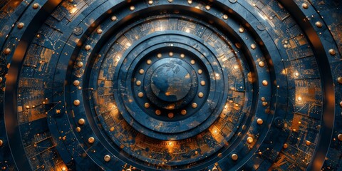 Canvas Print - futuristic circular structure with golden details and intricate patterns, ideal for technology, inno