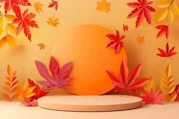 Wall Mural - Autumn floral podium mockup with red and yellow leaves for product ads, vector illustration