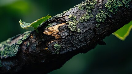 Wall Mural -  A tree branch with a green insect at its tip and a green leaf attached behind it