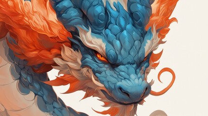  A tight shot of a dragon's head adorned with orange, blue, and white feathers