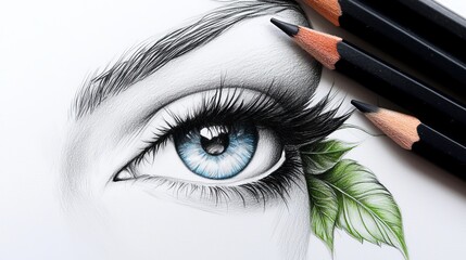 Wall Mural - a blue eye accentuated by a green leaf at its tip