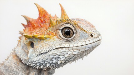  A tight shot of an iguana's head adorned with orange and yellow crest-like spikes