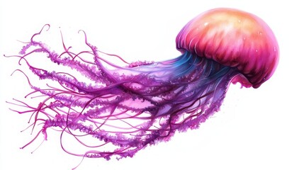 Canvas Print -  A tight shot of a jellyfish against a pristine white backdrop, adorned with purple and red tendrils atop its bell