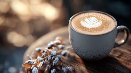 Sticker -  A cup of cappuccino atop a wooden table, nearby, dried flowers in a bundle